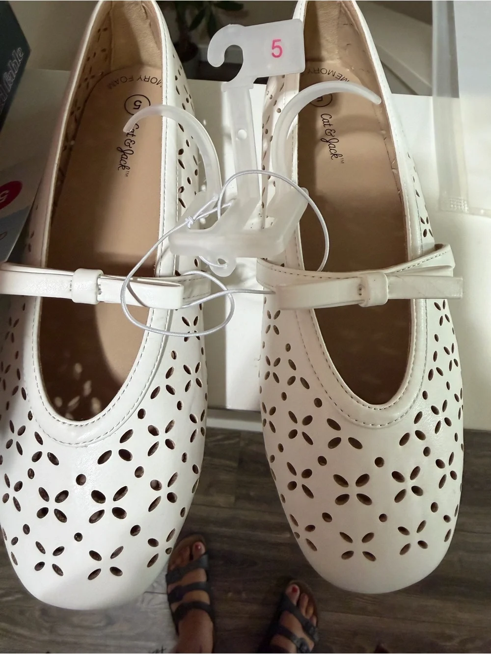Cat & Jack White Laser-Cut Mary Jane Flats with Bow Accent